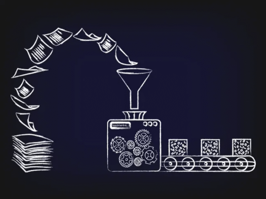 Animation of documents flowing through a funnel into a machine with gears, producing small boxes on a conveyor belt.